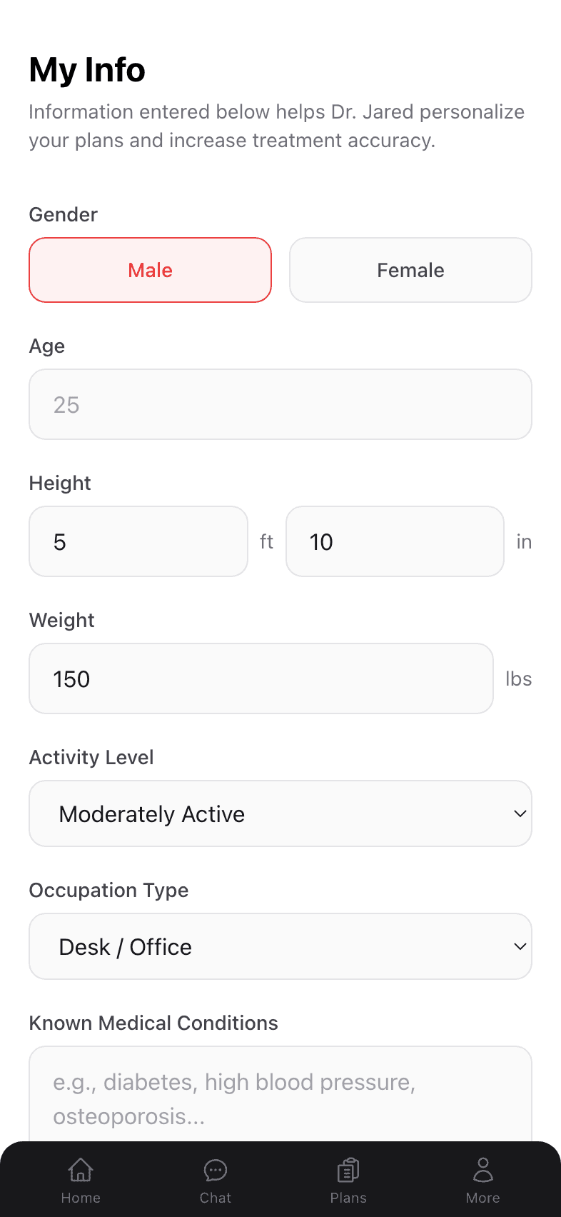 My Info page with all fields