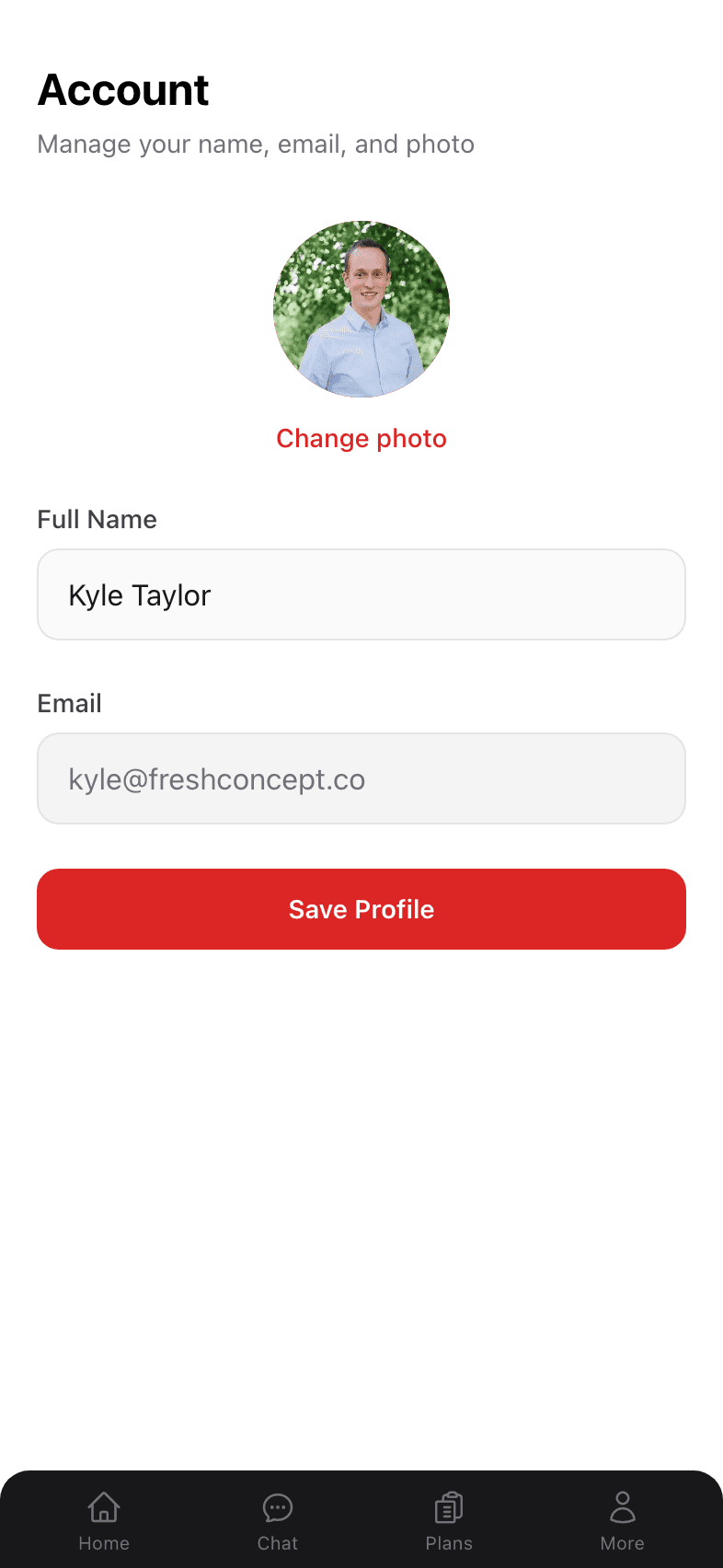 Account page with name, email, and photo